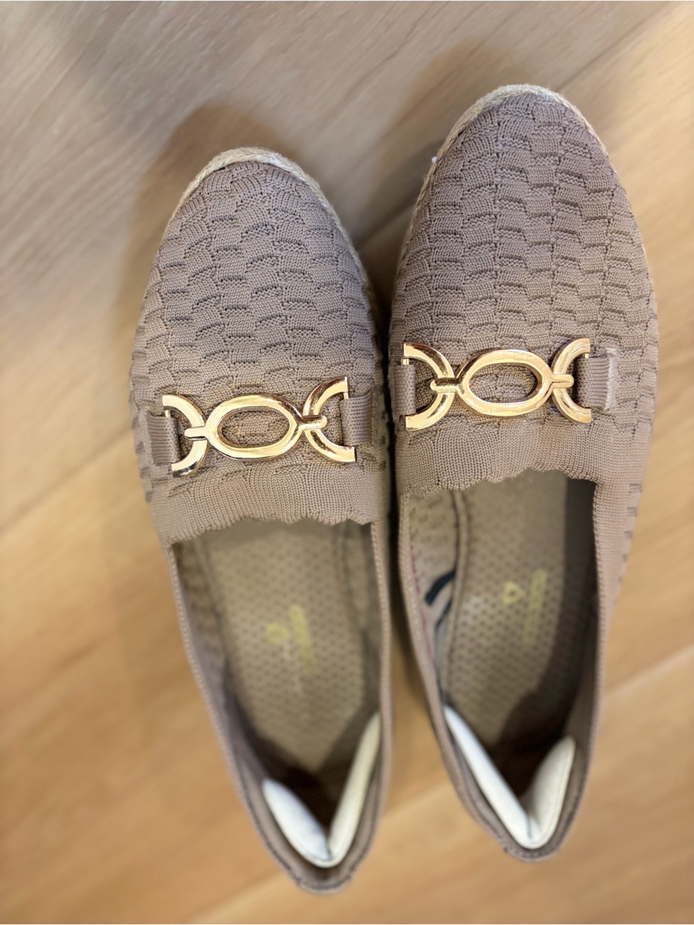 Skechers Taupe Knit Slip-On Flats with Gold Accent